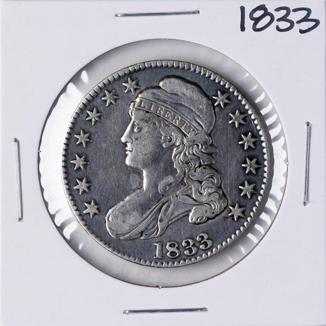 1833 Capped Bust Half Dollar Coin: One 1833 Capped Bust Half Dollar Coin.