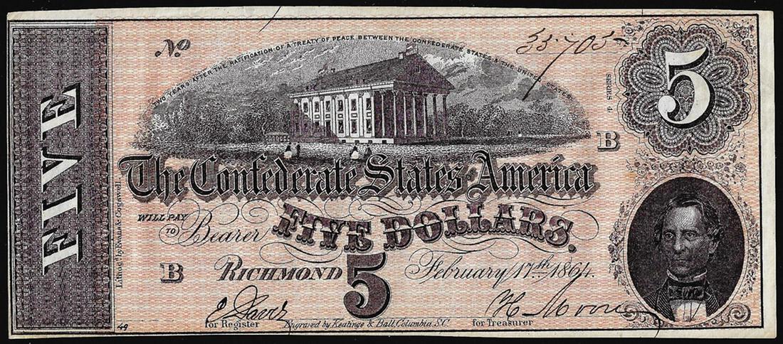 1864 $5 Confederate States of America Note: One 1864 $5 Confederate States of America Note.
