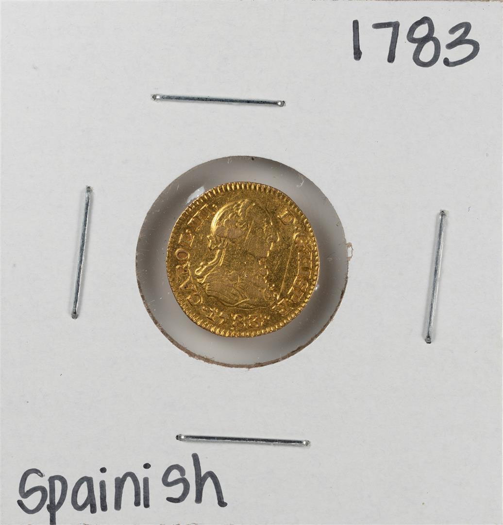 1783 Spanish 1/2 Escudos Gold Coin: One 1783 Spanish 1/2 Escudos Gold Coin.
