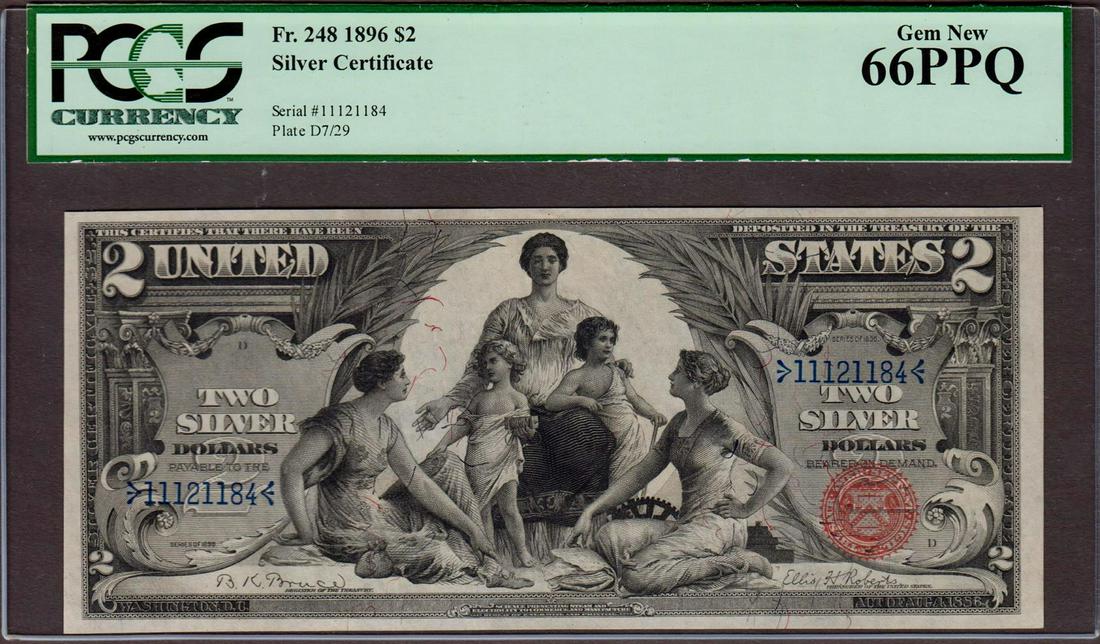 1896 $2 Educational Silver Certificate Note Fr. 248: One 1896 $2 Educational Silver Certificate Note Fr. 248 PCGS Gem Uncirculated 66PPQ. Offerings of this fabulous Two Dollar 1896 Silver Certificate design type cannot be had enough in Gem grades and th