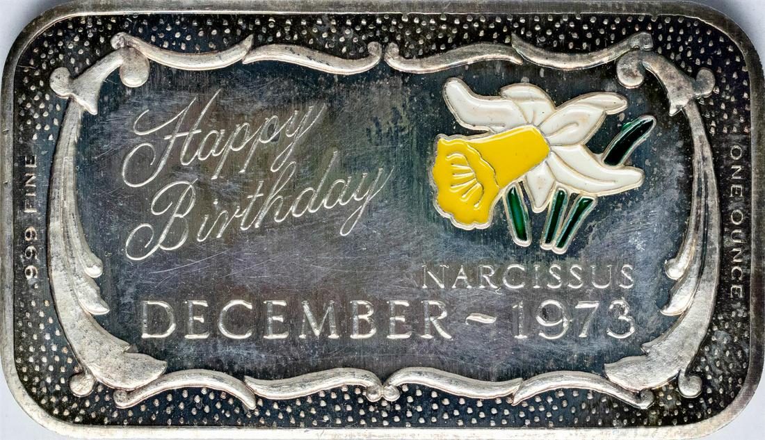 December 1973 Happy Birthday Enamel Silver Art Bar: One December 1973 Happy Birthday Enamel Silver Art Bar.