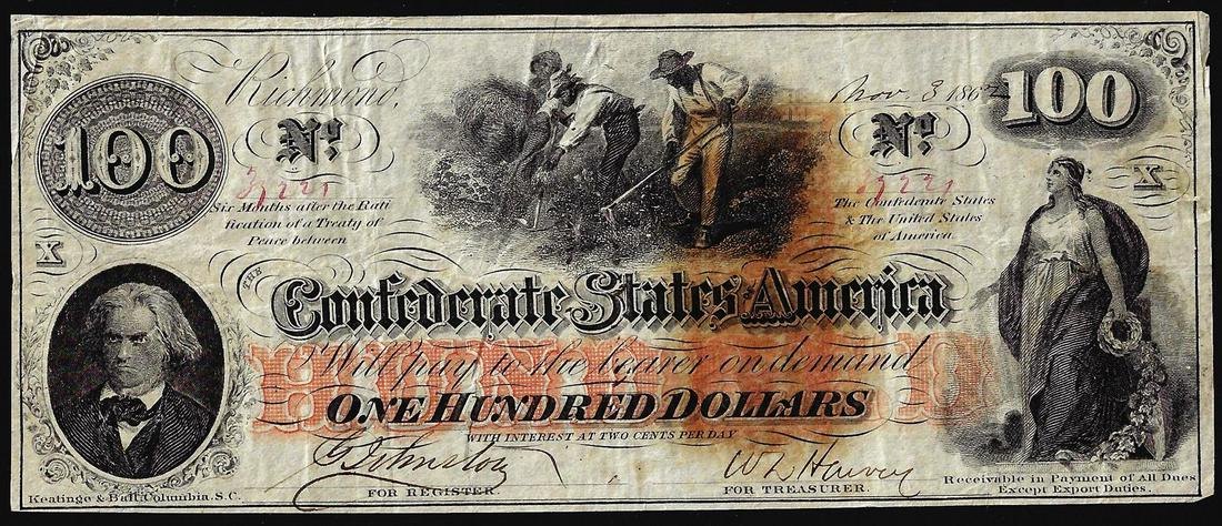 1862 $100 Confederate States of America Note: One 1862 $100 Confederate States of America Note.