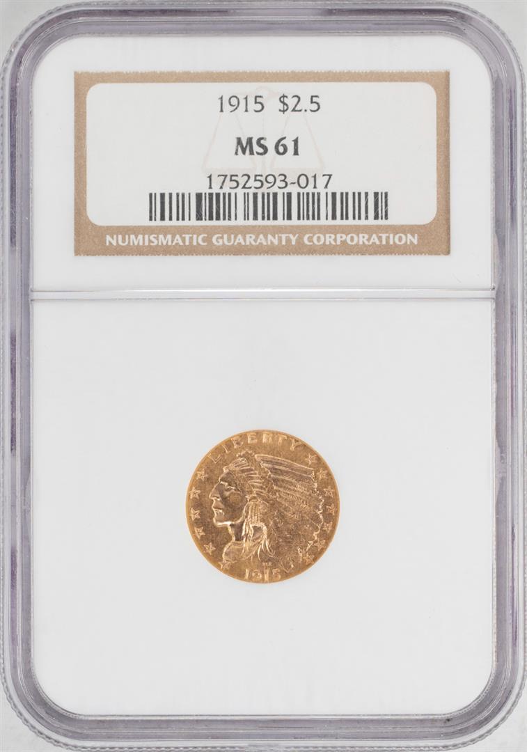1915 $2 1/2 Indian Head Quarter Eagle Gold Coin NGC: One 1915 $2 1/2 Indian Head Quarter Eagle Gold Coin NGC MS61. NGC Certified.