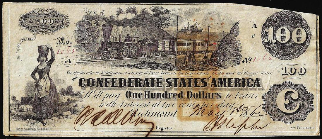1862 $100 Confederate States of America Note: One 1862 $100 Confederate States of America Note.