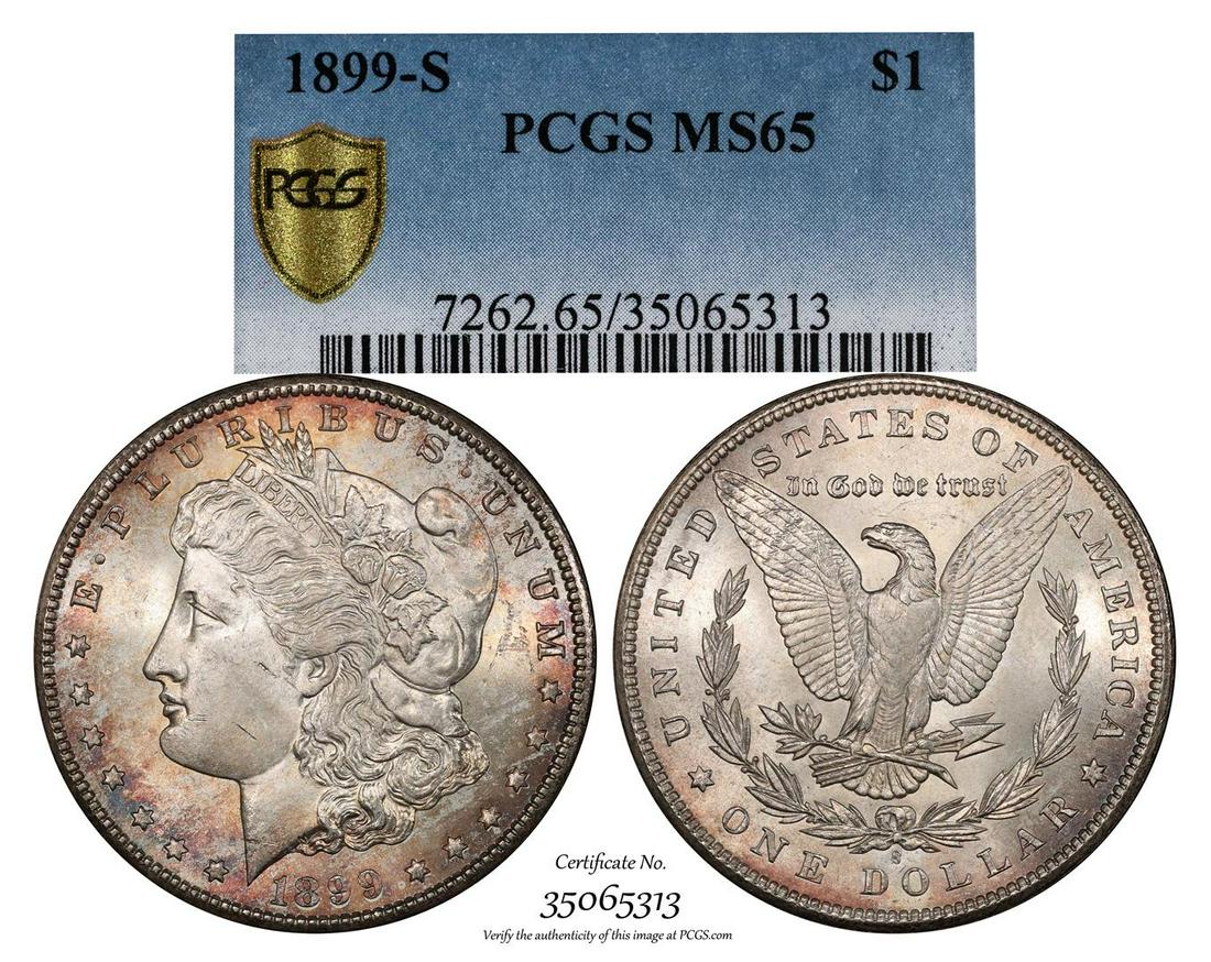1899-S $1 Morgan Silver Dollar Coin PCGS MS65 Amazing: One 1899-S $1 Morgan Silver Dollar Coin PCGS MS65 Amazing Toning. PCGS Graded.