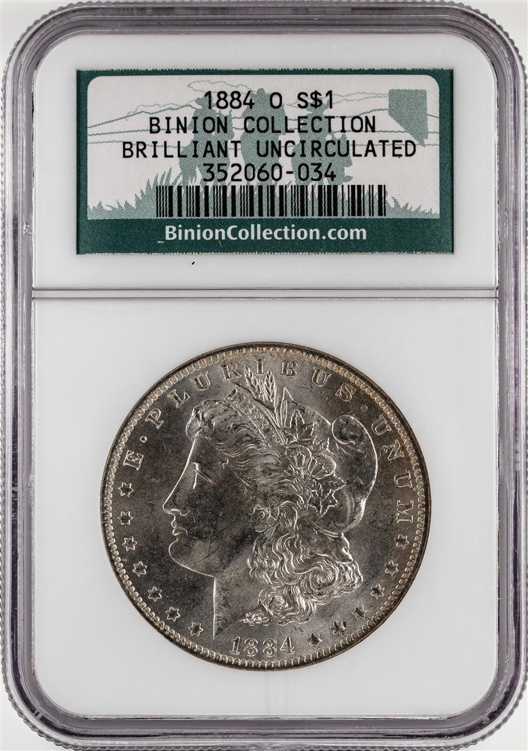 1884-O $1 Morgan Silver Dollar Coin NGC Brilliant: One 1884-O $1 Morgan Silver Dollar Coin NGC Brilliant Uncirculated Binion Hoard. NGC Certified.