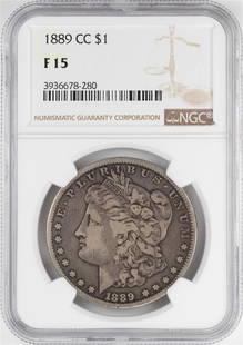 1890-CC $1 Morgan Silver Dollar Coin NGC F15: One 1890-CC $1 Morgan Silver Dollar Coin NGC F15. NGC Certified.