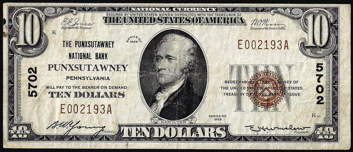 1929 $10 NB of Punxsutawney, Pennsylvania CH# 5702: One 1929 $10 NB of Punxsutawney, Pennsylvania CH# 5702 National Currency Note.