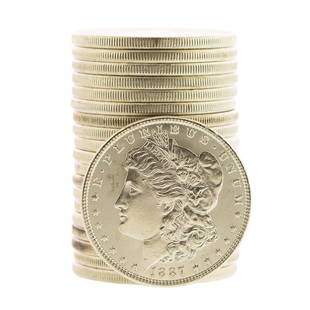 Roll of (20) Brilliant Uncirculated 1887 $1 Morgan: One Roll of (20) Brilliant Uncirculated 1887 $1 Morgan Silver Dollar Coins.