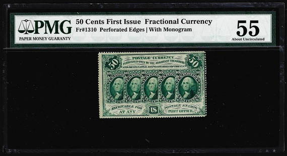 July 17, 1862 First Issue 50 Cent Fractional Currency: One July 17, 1862 First Issue 50 Cent Fractional Currency Note PMG About Uncirculated 55. PMG Certified.