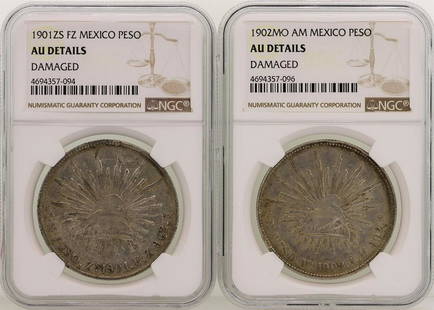 Lot of 1901ZS & 1902MO Mexico Pesos Silver Coins NGC: One Lot of 1901ZS & 1902MO Mexico Pesos Silver Coins NGC Graded AU Details. NGC Certified.
