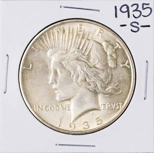 1935-S $1 Peace Silver Dollar Coin: One 1935-S $1 Peace Silver Dollar Coin.