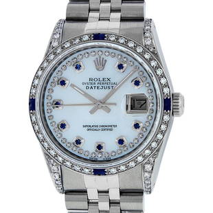 Rolex Mens Stainless Steel MOP Diamond Lugs & Sapphire: One Mens Rolex Datejust Polished Bright with Satin Finish, Serviced & Electronically Tested, Stainless Steel Case: 36mm, Custom Diamond Lugs: 28 Diamonds In Lugs, Color: G to H, Clarity: SI-VS.