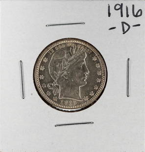 1916-D Barber Quarter Coin: One 1916-D Barber Quarter Coin.