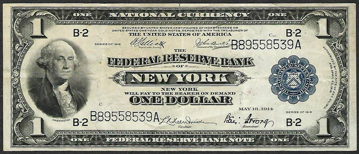 1918 $1 Federal Reserve Bank Note New York: One 1918 $1 Federal Reserve Bank Note New York.