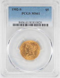 1902-S $5 Liberty Head Half Eagle Gold Coin PCGS MS61: One 1902-S $5 Liberty Head Half Eagle Gold Coin PCGS MS61. PCGS Graded.