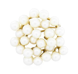 14KT Yellow Gold Pearl Brooch: One pearl brooch featuring: 14KT yellow gold weighing 15.6 grams containing 27 Akoya cultured pearls.