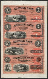 Uncut Sheet of 1800's $1/$1/$2/$3 Norfolk Bank, CT: One Uncut Sheet of 1800's $1/$1/$2/$3 Norfolk Bank, CT Obsolete Notes.