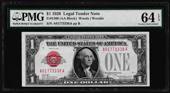1928 $1 Legal Tender Note Fr.1500 PMG Choice: One 1928 $1 Legal Tender Note Fr.1500 PMG Choice Uncirculated 64EPQ. PMG Certified.