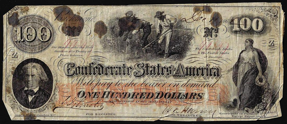 1862 $100 Confederate States of America Note: One 1862 $100 Confederate States of America Note.