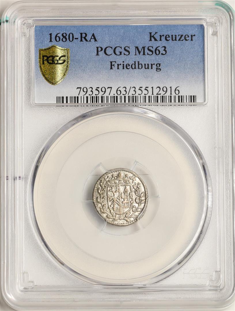 1680-RA Friedburg Kreuzer Coin PCGS MS63: One 1680-RA Friedburg Kreuzer Coin PCGS MS63. PCGS Graded.