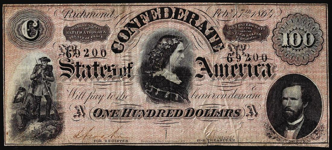 1864 $100 Confederate States of America Note - Internal: One 1864 $100 Confederate States of America Note with a couple of Internal Splits towards the middle of the note.