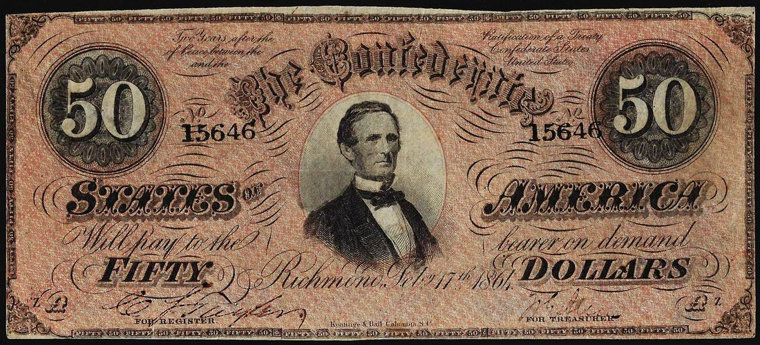 1864 $50 Confederate States of America Note: One 1864 $50 Confederate States of America Note.