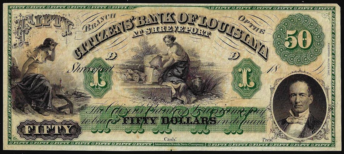 1800's $50 Citizens Bank of Louisiana Obsolete Bank: One 1800's $50 Citizens Bank of Louisiana Obsolete Bank Note.