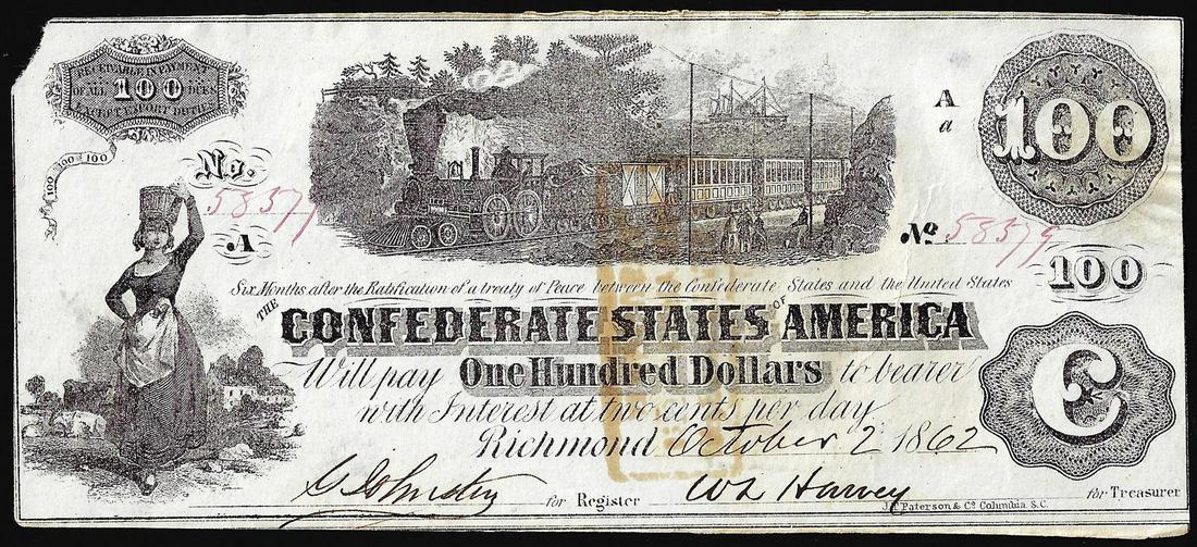 1862 $100 Confederate States of America Note: One 1862 $100 Confederate States of America Note.