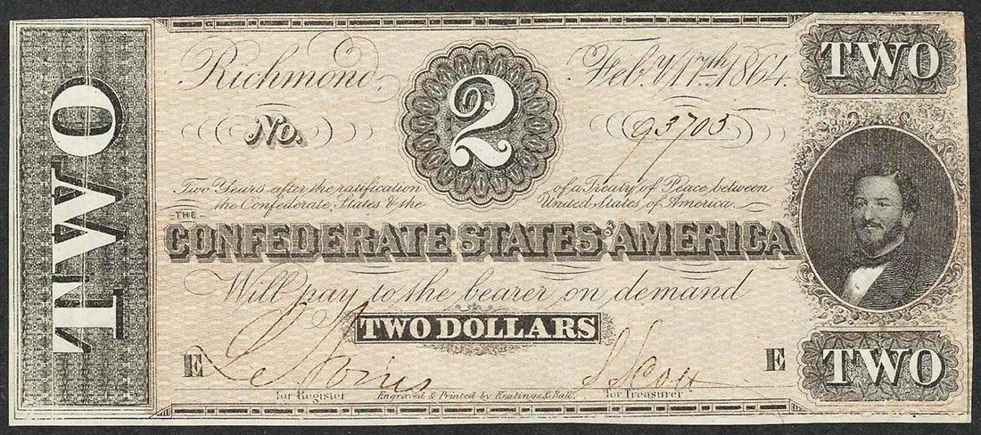 1864 $2 Confederate States of America Note: One 1864 $2 Confederate States of America Note.