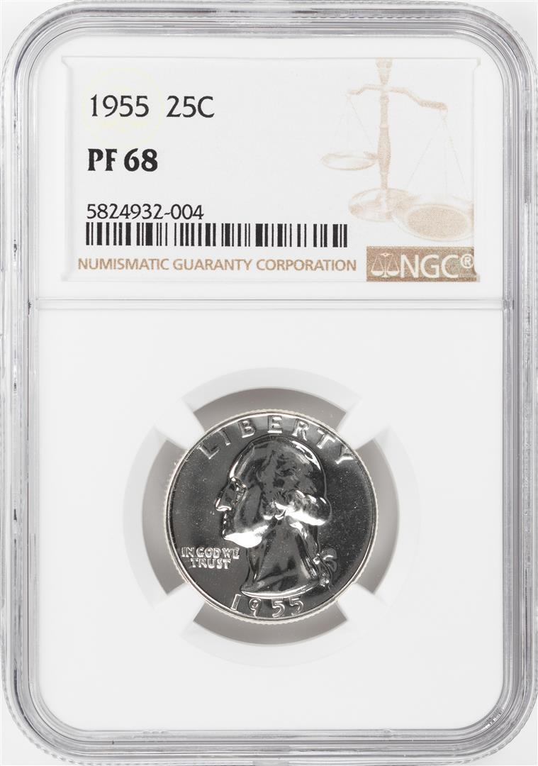 1955 Proof Washington Quarter Coin NGC PF68: One 1955 Proof Washington Quarter Coin NGC PF68. NGC Certified.