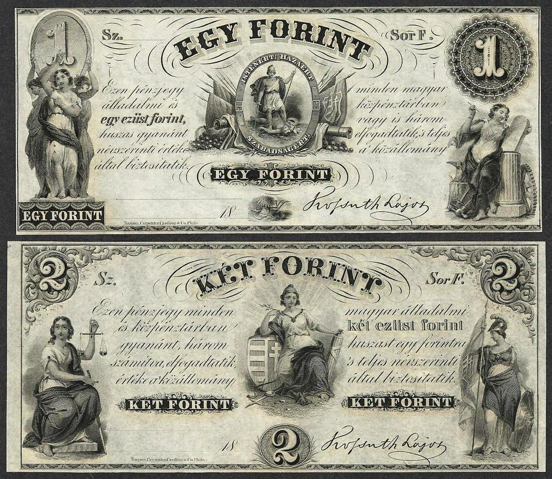 Lot of 1800's $1 Egy Forint and $2 Ket Forint Obsolete: One Lot of 1800's $1 Egy Forint and $2 Ket Forint Obsolete Notes.
