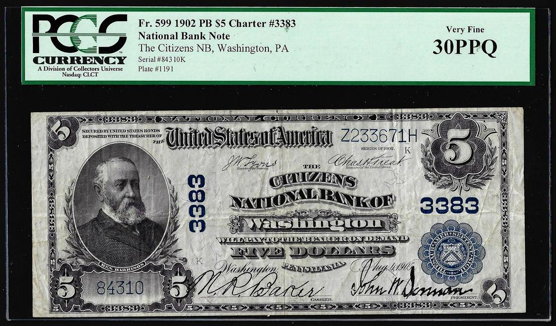 1902PB $5 Citizens NB of Washington, PA CH# 3383: One 1902PB $5 Citizens NB of Washington, PA CH# 3383 National Currency Note PCGS VF30PPQ. PCGS Graded.