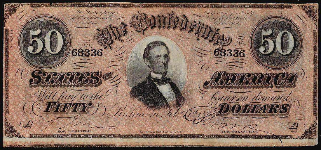 1864 $50 Confederate States of America Note: One 1864 $50 Confederate States of America Note.