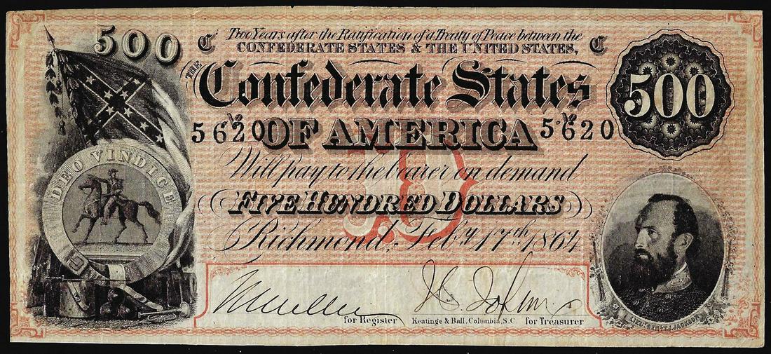 1864 $500 Confederate States of America Note: One 1864 $500 Confederate States of America Note.