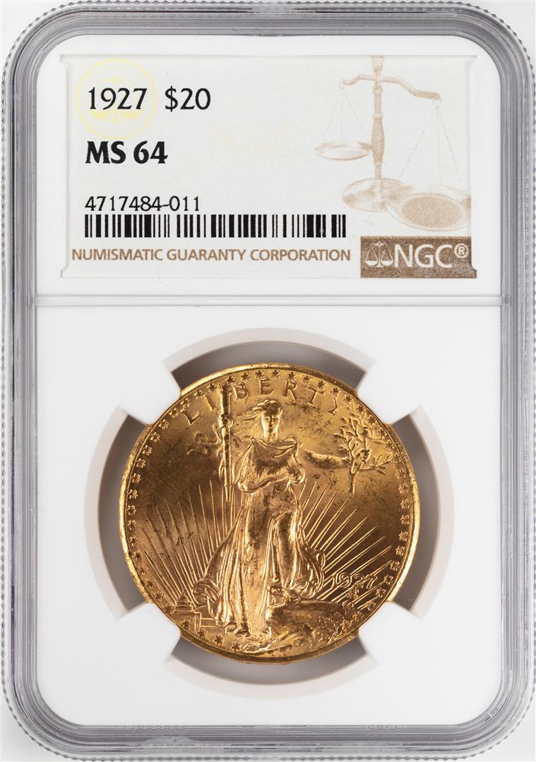 1927 $20 St. Gaudens Double Eagle Gold Coin NGC MS64: One 1927 $20 St. Gaudens Double Eagle Gold Coin NGC MS64. NGC Certified.