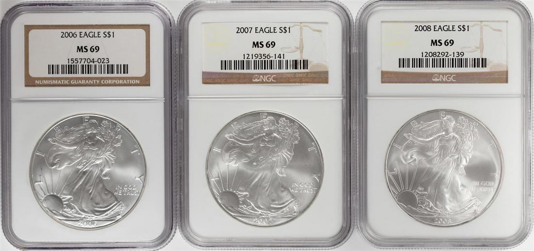 2006-2008 $1 American Silver Eagle Coin Coins NGC MS69: One 2006-2008 $1 American Silver Eagle Coin Coins NGC MS69. NGC Certified.