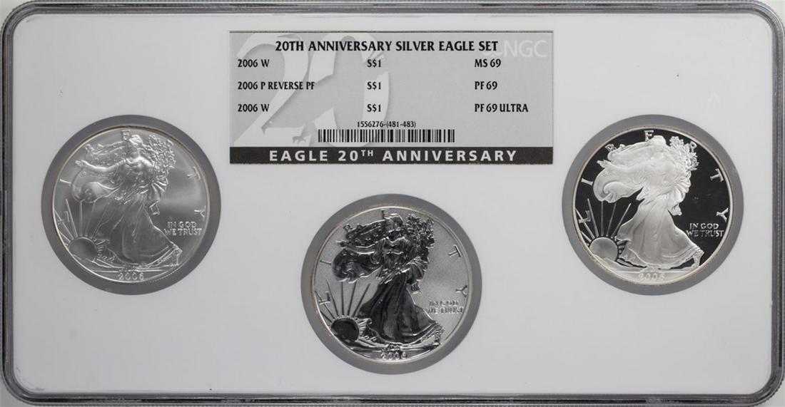 2006 20th Anniversary (3) Coin American Silver Eagle: One 2006 20th Anniversary (3) Coin American Silver Eagle Set NGC MS69/PF69. NGC Certified.