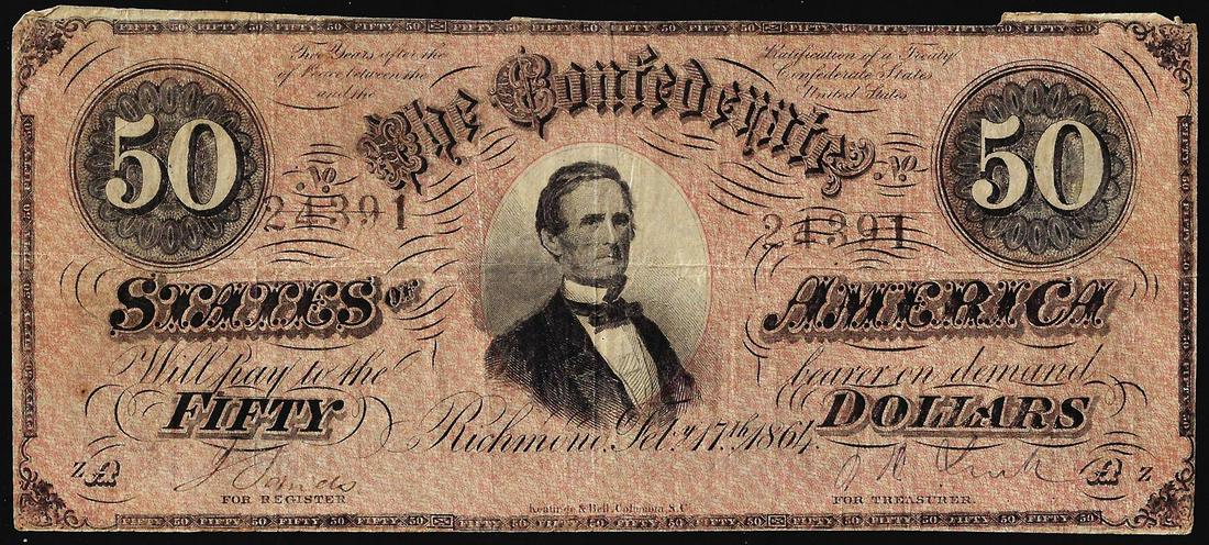 1864 $50 Confederate States of America Note: One 1864 $50 Confederate States of America Note.