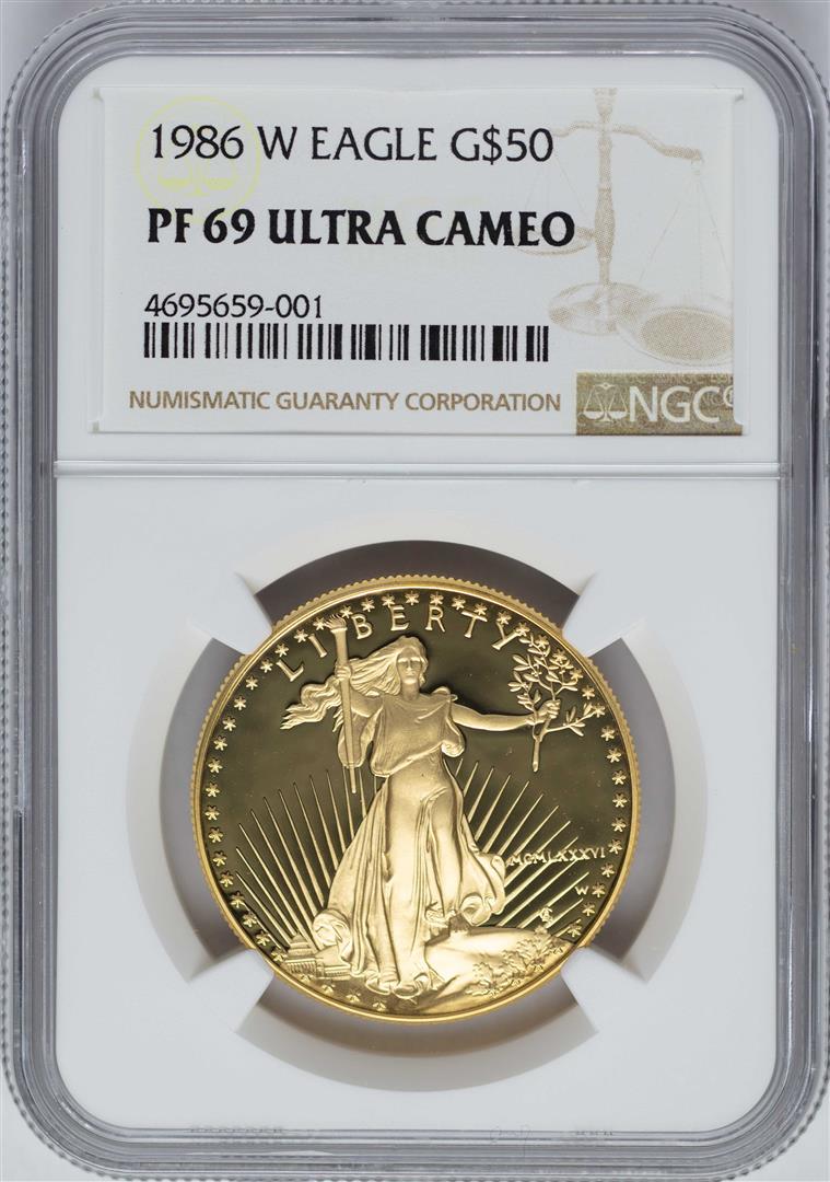1986-W $50 American Gold Eagle Coin NGC PF69 Ultra: One 1986-W $50 American Gold Eagle Coin NGC PF69 Ultra Cameo. NGC Certified.