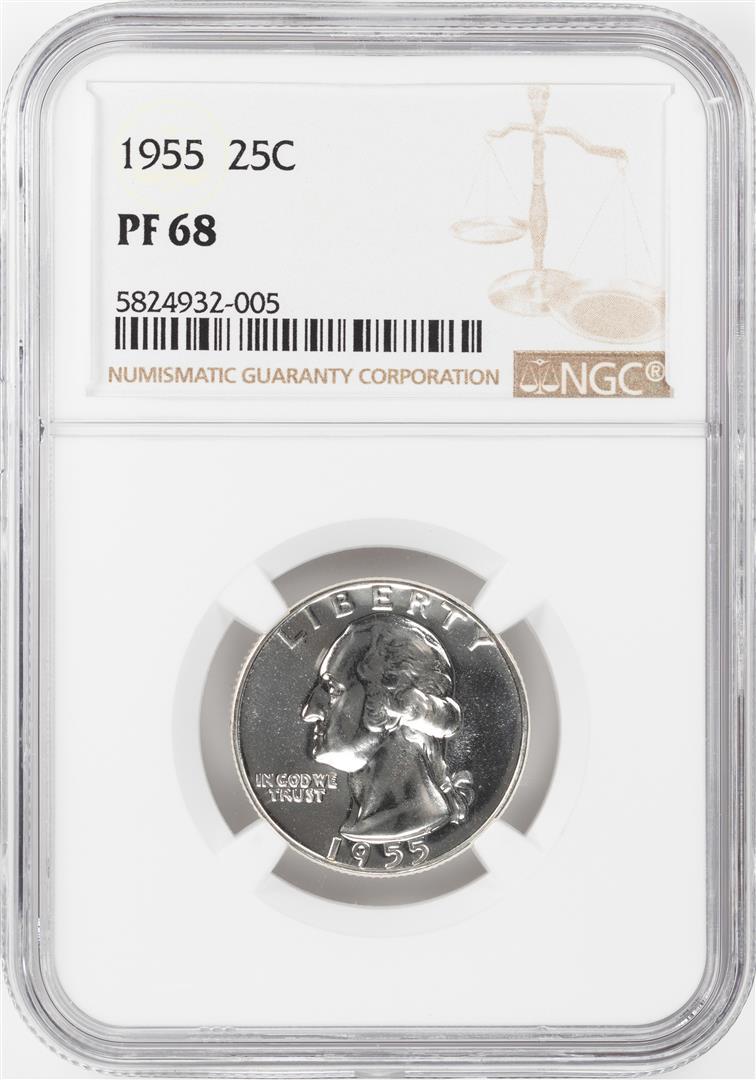 1955 Proof Washington Quarter Coin NGC PF68: One 1955 Proof Washington Quarter Coin NGC PF68. NGC Certified.