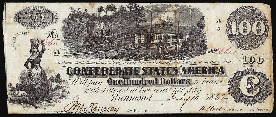 1862 $100 Confederate States of America Note: One 1862 $100 Confederate States of America Note.