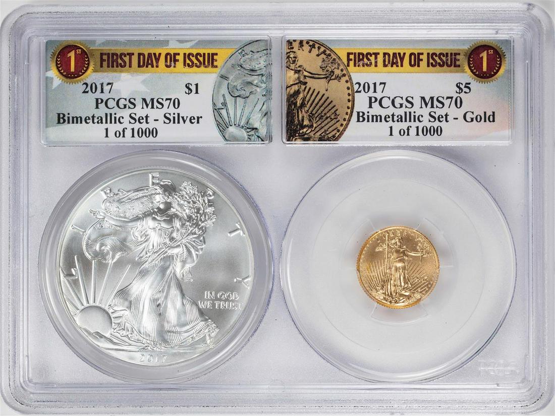 2017 American Silver & Gold Eagle Bimetallic Set PCGS: One 2017 American Silver & Gold Eagle Bimetallic Set PCGS MS70 First Day of Issue. PCGS Graded.