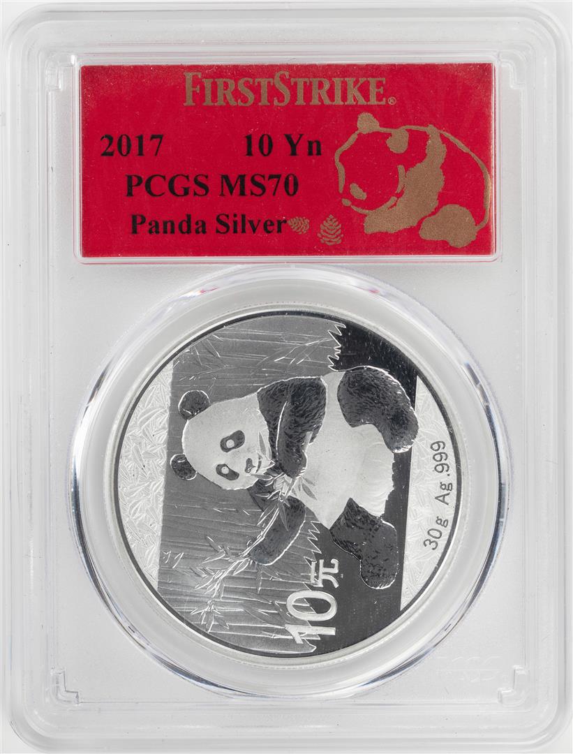 2017 China 10 Yuan Panda Silver Coin PCGS MS70 First: One 2017 China 10 Yuan Panda Silver Coin PCGS MS70 First Strike. PCGS Graded.