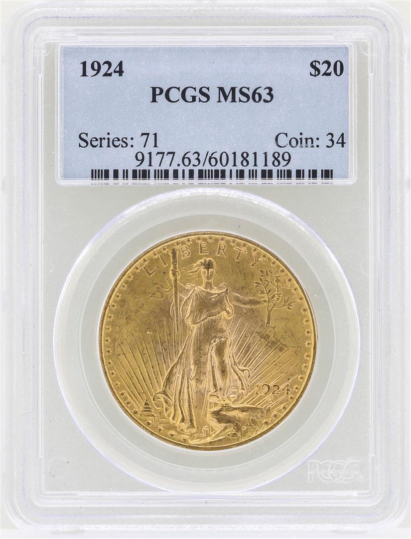 1924 $20 St. Gaudens Double Eagle Gold Coin PCGS MS63: One 1924 $20 St. Gaudens Double Eagle Gold Coin PCGS MS63. PCGS Graded.