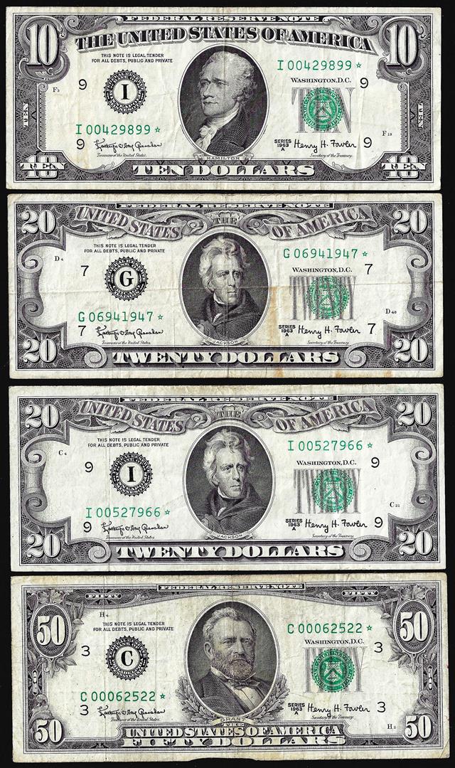 Lot of 1963A $10/$20/$20/$50 Federal Reserve Star Notes: One Lot of 1963A $10/$20/$20/$50 Federal Reserve Star Notes.