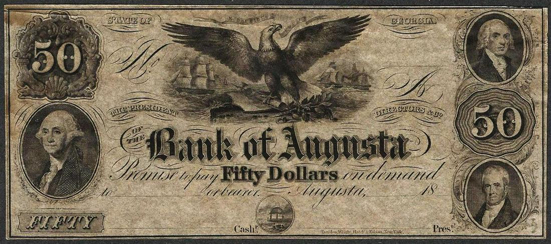 1800's $50 Bank of Augusta, Georgia Obsolete Note: One 1800's $50 Bank of Augusta Obsolete Note, split in upper left hand side of note.