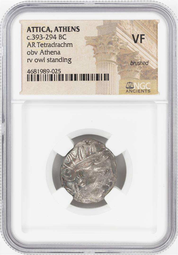 393-294 BC Attica Athens AR Tetradrachm Athena Owl Coin: One 393-294 BC Attica Athens AR Tetradrachm Athena Owl Coin NGC VF. NGC Certified.