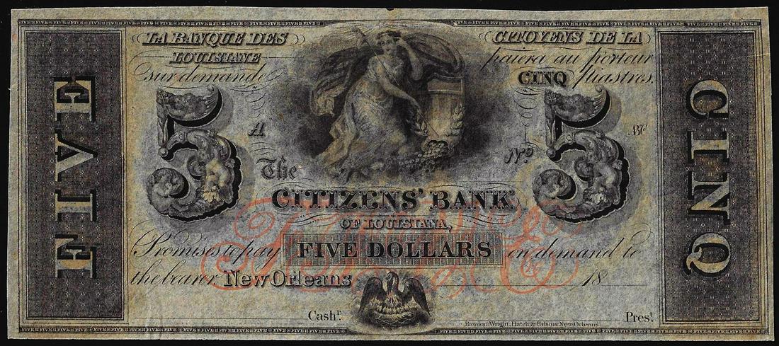 1800 $5 Citizens Bank of Louisiana, New Orleans: One 1800 $5 Citizens Bank of Louisiana, New Orleans Obsolete Note.