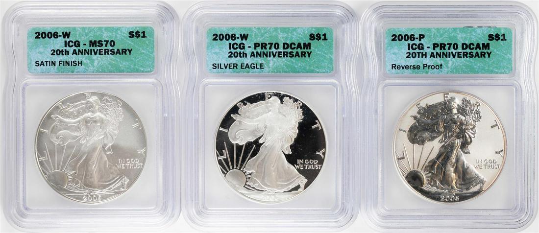 2006 20th Anniversary (3) Coin Set $1 American Silver: One 2006 20th Anniversary (3) Coin Set $1 American Silver Eagle Coins ICG MS70/PR70. ICG Certified.